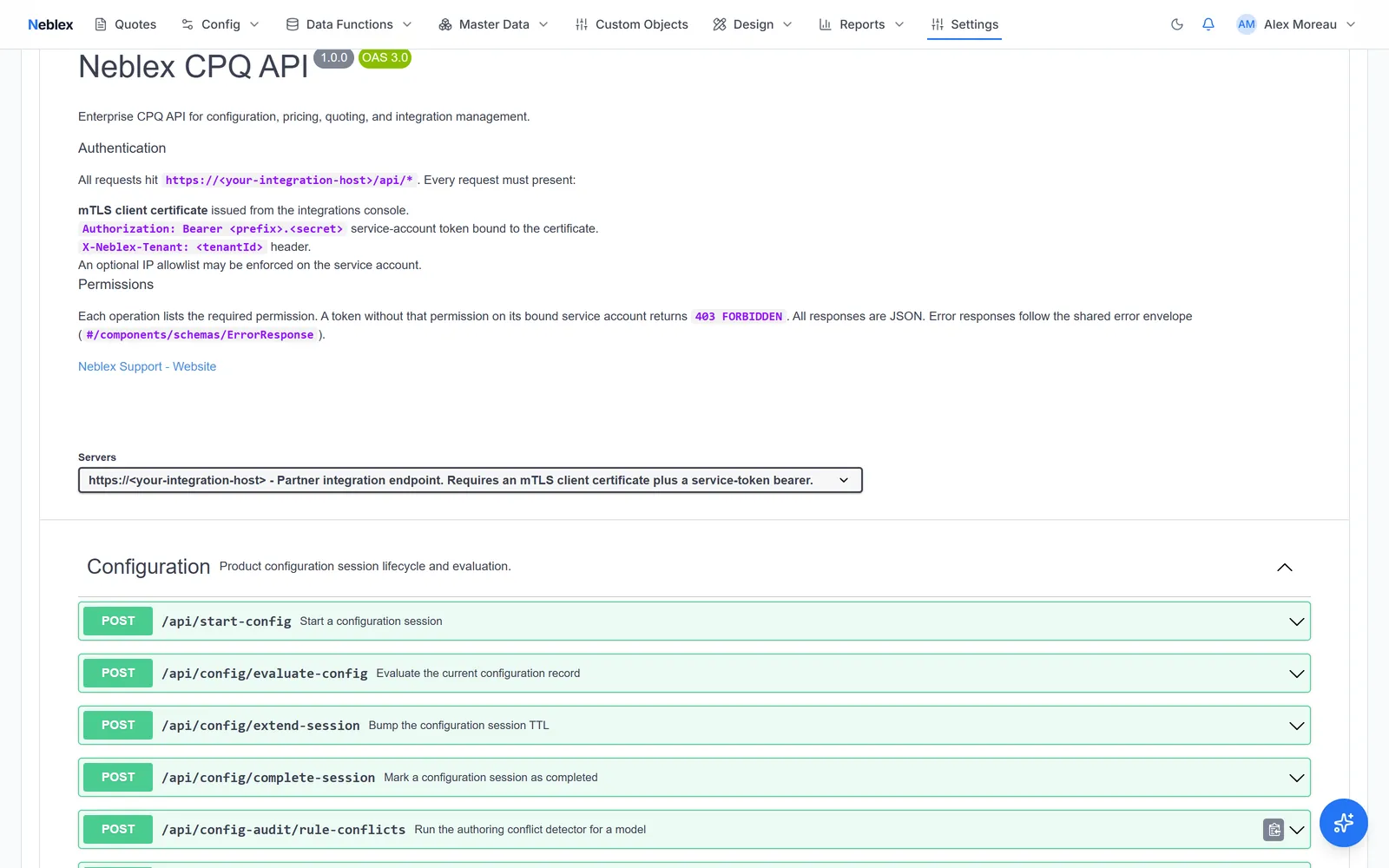 The Neblex CPQ OpenAPI reference rendered as Swagger UI inside the app, showing authentication and configuration endpoints