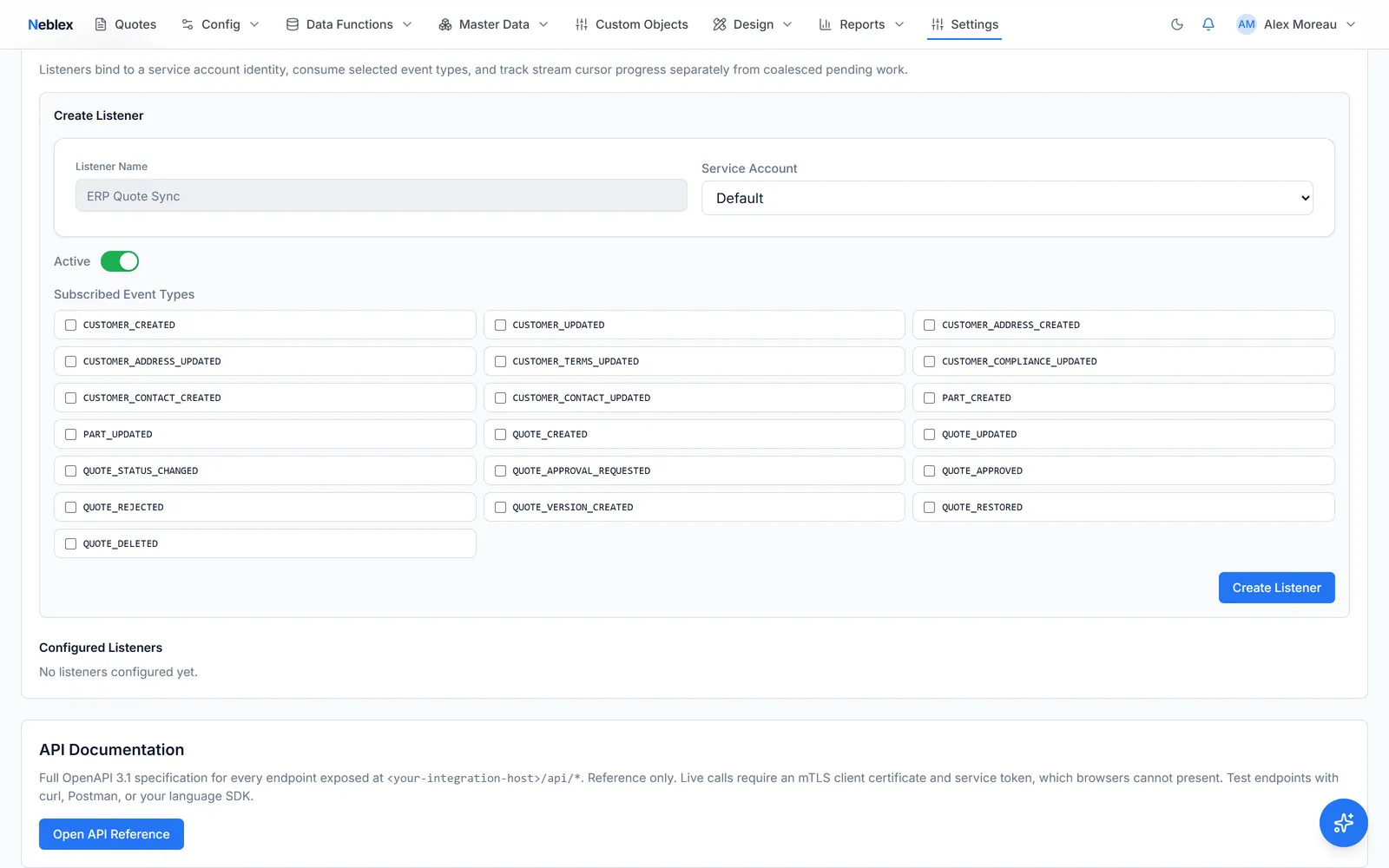 Neblex CPQ integration event listeners with subscribed event types bound to a service account