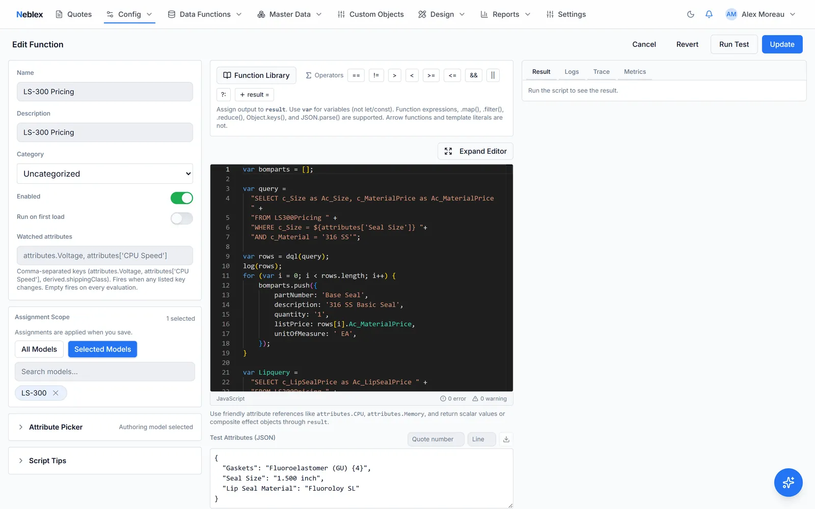 Neblex CPQ function editor showing JavaScript with an embedded DQL query and live validation