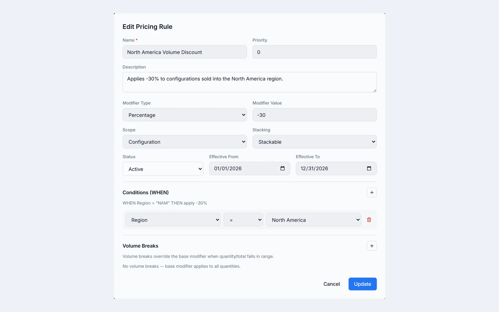 Authoring a Neblex CPQ pricing rule: modifier type and value, scope, stacking, effective dates, qualifier conditions, and volume breaks