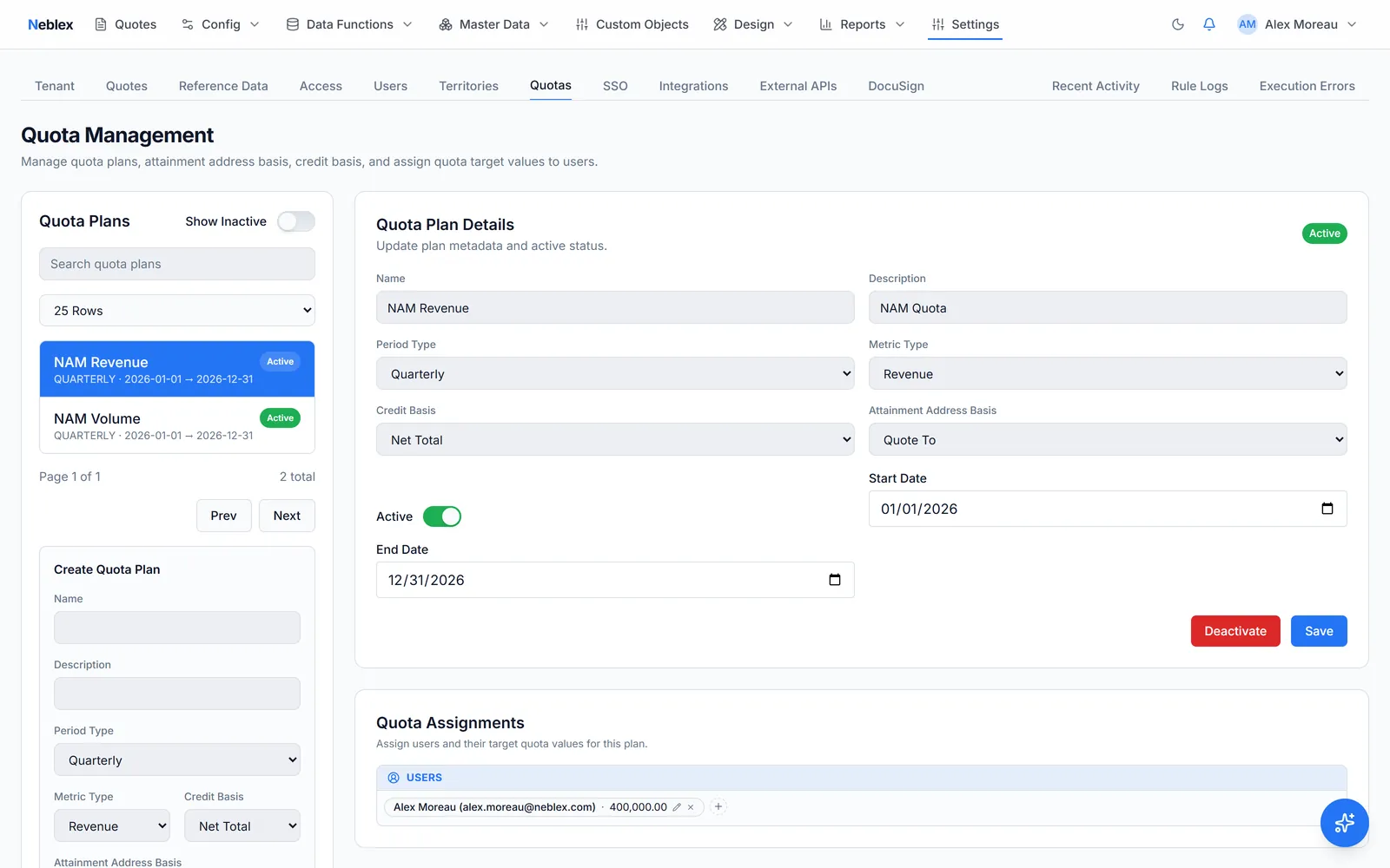 Neblex CPQ quota plans with period, metric, credit basis, and per-user quota assignments