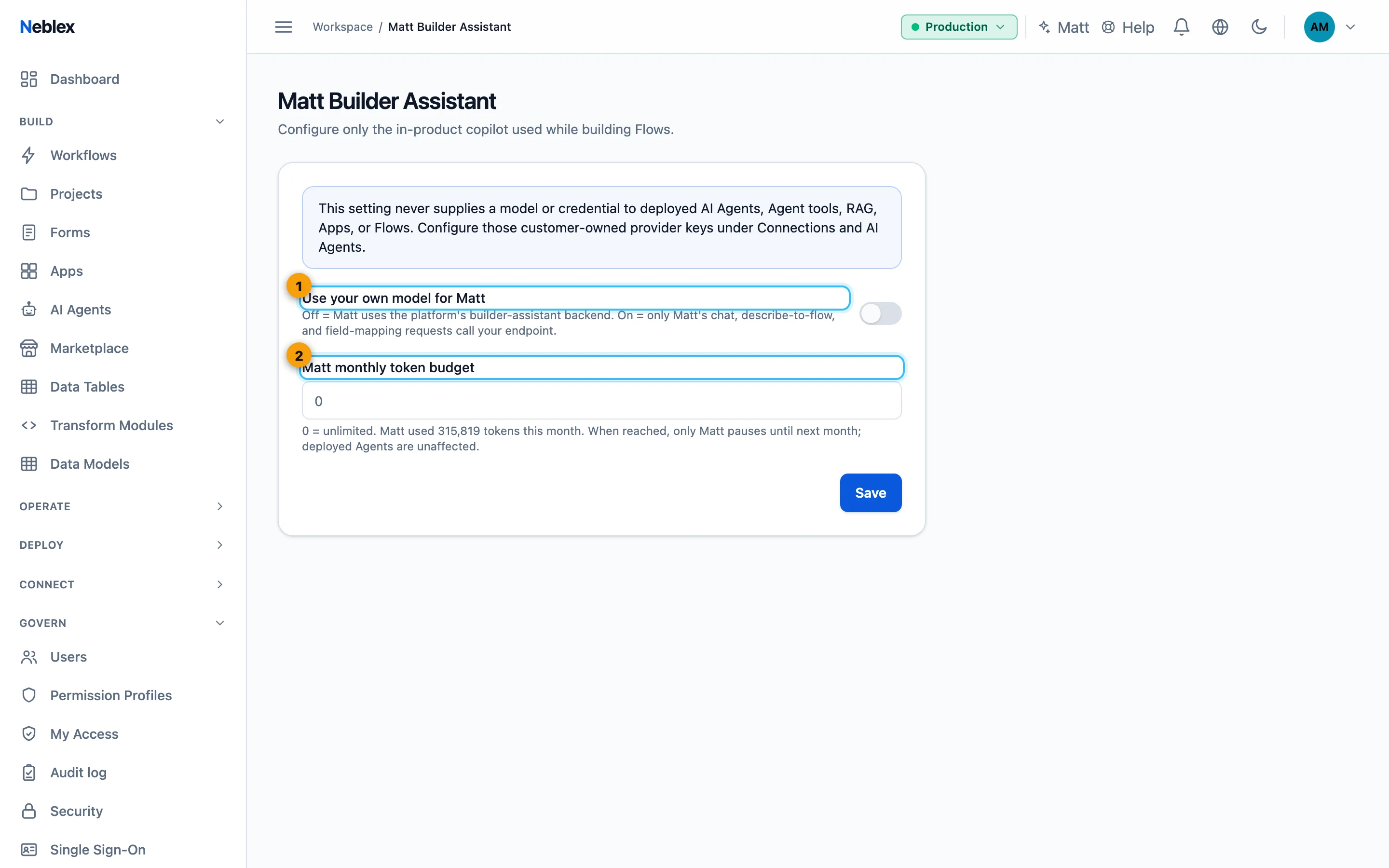 Matt Builder Assistant settings.