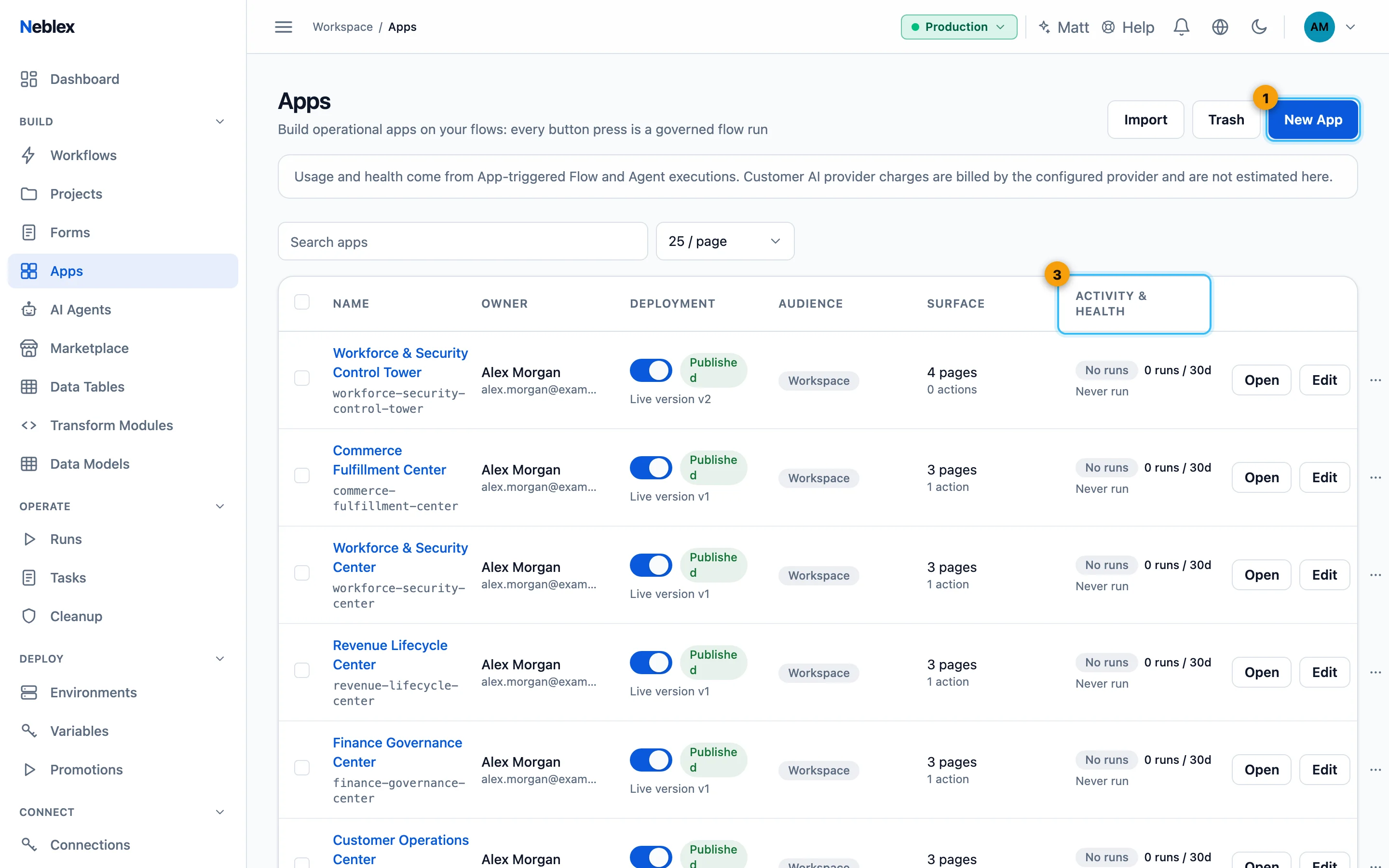 The Apps list with audience and 30-day health.