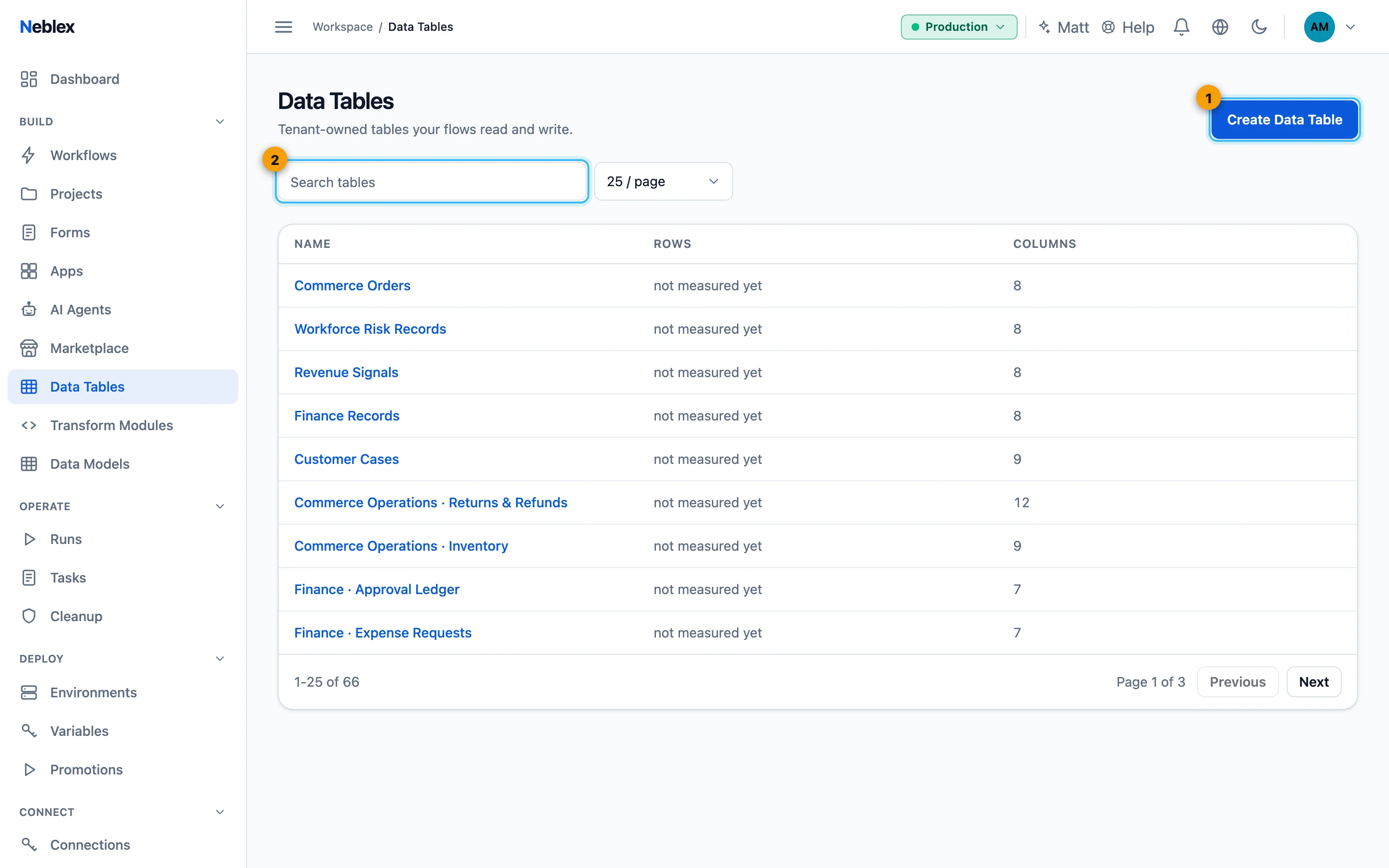 The Data Tables list.