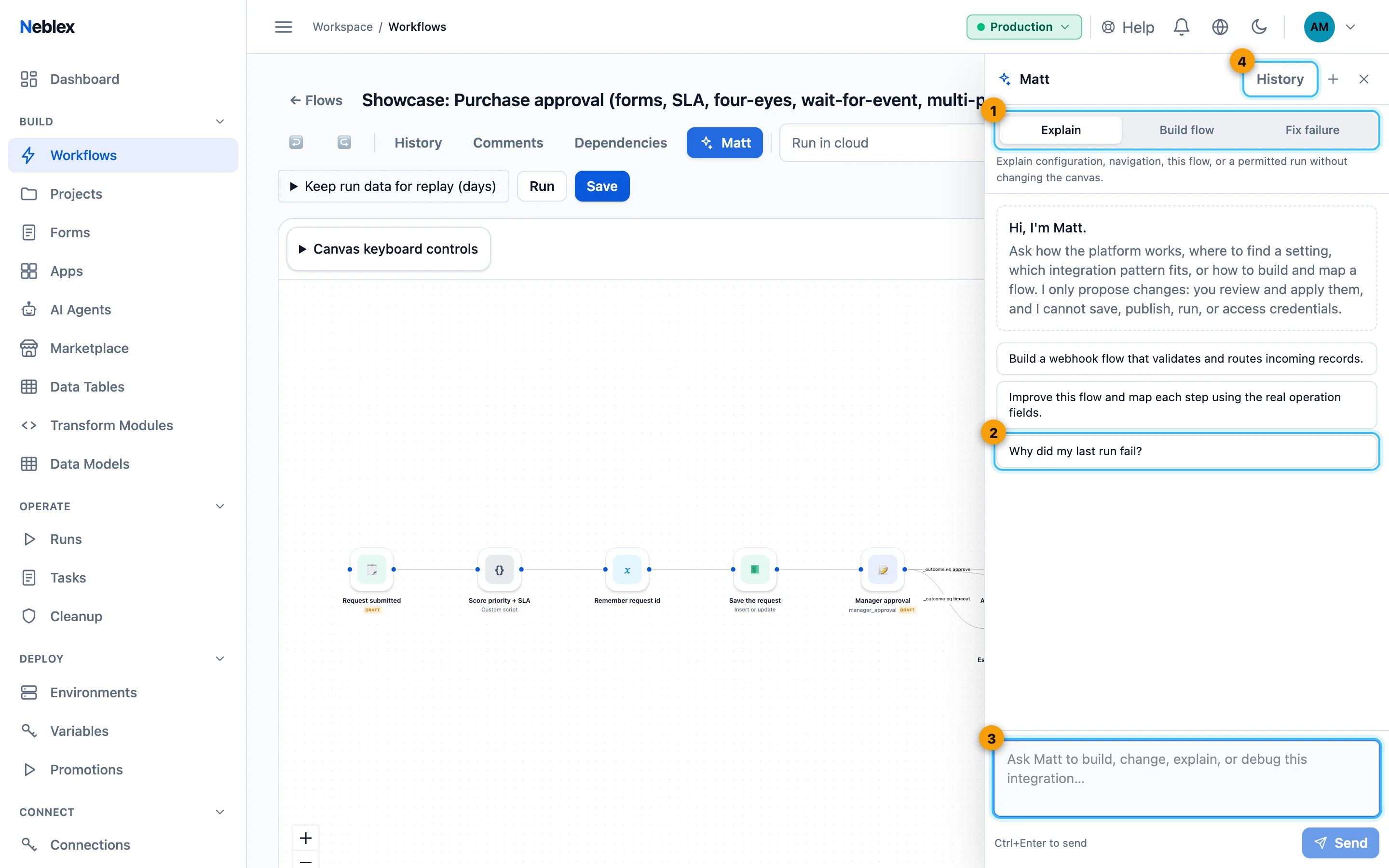 Matt in the flow builder with its three modes.