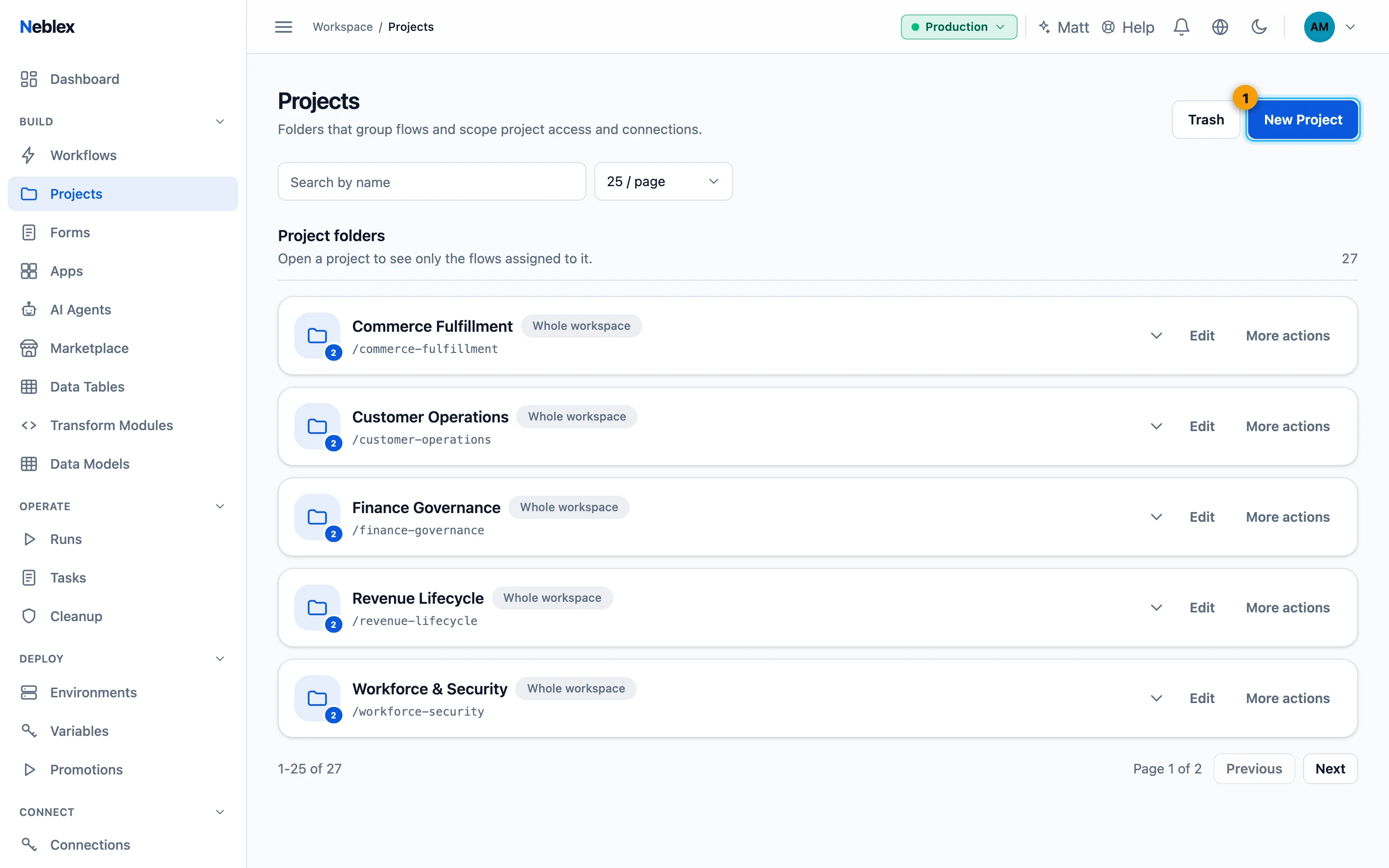 The Projects list.