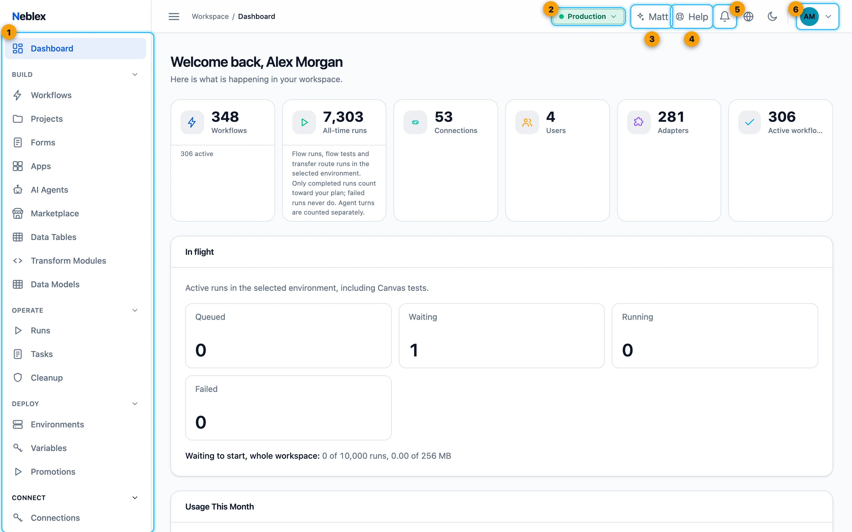 The workspace shell: sidebar on the left, top bar controls on the right.