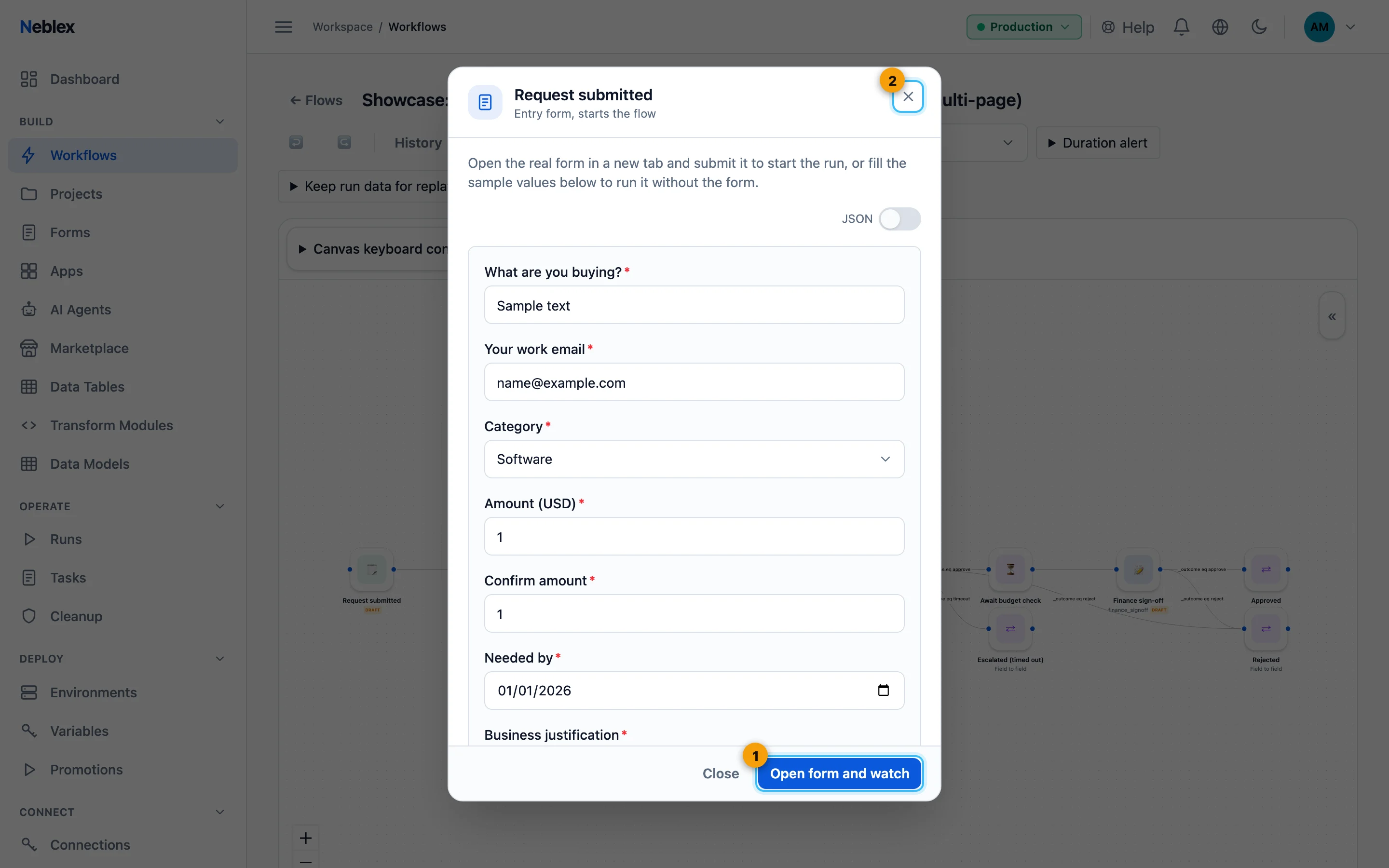 Run opens Test this flow; the options depend on the trigger.
