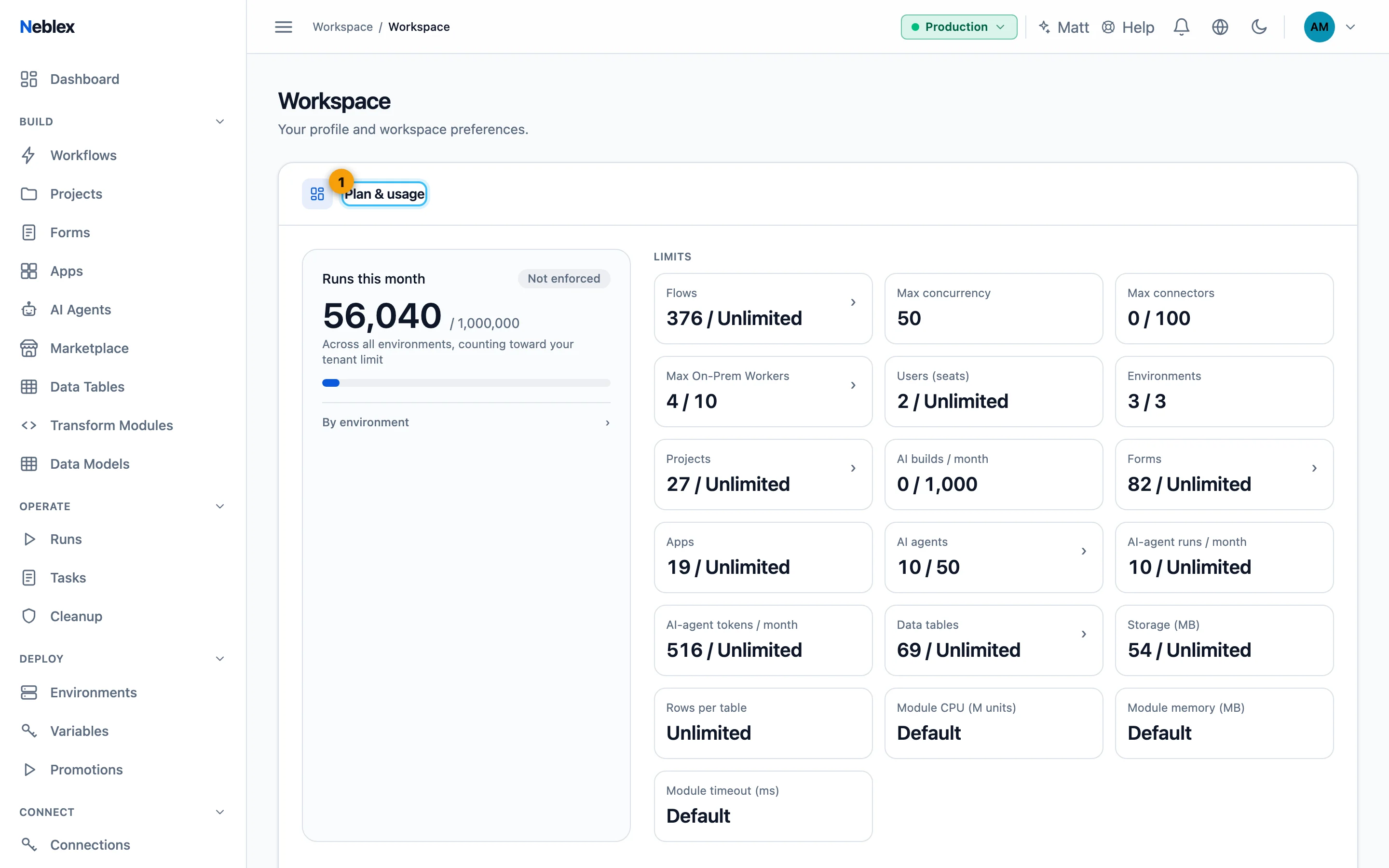 Plan & usage on the Workspace page.